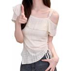 カットソー レディース 半袖 tシャツ オフショルダー トップス 韓国風 アシンメトリー フリル ワンショルダー 肩出し シャーリング