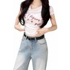 Tシャツ レディース 半袖 アシンメトリー ワンショルダー 肩出し トップス リブ シャーリング ロゴプリント スリム 着痩せ カジュアル