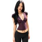 半袖Tシャツ レディース ショート丈 レース Vネック トップス 韓国風 カジュアル シンプル フロントリボン 着痩せ 夏服 ホワイト
