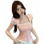 ブラウス レディース 半袖 スクエアネック ボリュームスリーブ レース コルセット風 トップス 大人可愛い フレンチガーリー 地雷系