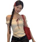オフショルダー トップス レディース 夏 半袖 tシャツ 肩出し リボン カットソー リブニット タイト ショート丈 セクシー 大人可愛い