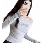オフショルダー Tシャツ レディース 長袖 カットソー ワンショル ロンT 英字ロゴ スリム タイト シャーリング トップス セクシー 春