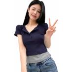 Tシャツ レディース 半袖 重ね着風 レイヤード風 トップス Vネック ヘンリーネック ボタン付き スリム ショート丈 リブニット 夏
