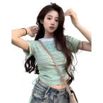 Tシャツ レディース 半袖 ボーダー へそ出し クロップド丈 トップス 韓国 ファッション ストリート リブ カットソー 紐付き 蝶 刺繍