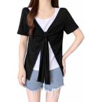 Tシャツ レディース 半袖 フェイクレイヤード 重ね着風 トップス カットソー フロント リボン バイカラー 切り替え ゆったり 着痩せ