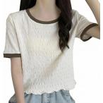 Tシャツ レディース 半袖 ぽこぽこ シャーリング トップス ショート丈 大人可愛い 韓国風 バイカラー 配色 メロウ 伸縮性 凹凸素材