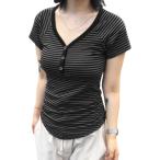 ボーダー Tシャツ レディース 半袖 ヘンリーネック Vネック タイト 着痩せ トップス サマーニット ボタン付き ストレッチ 伸縮性 春