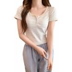 ヘンリーネック tシャツ レディース 半袖 ボーダー柄 カットソー ショート丈 トップス スリム フィット 着痩せ タイト ボタン付き 春