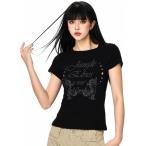 半袖Tシャツ レディース レース裾切り替え ロゴプリント リブ素材 タイトシルエット 着痩せ効果 Y2Kファッション ストリート系
