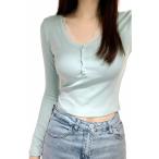 tシャツ レディース 長袖 カットソー レース襟 インナー リブ トップス ヘンリーネック フロントボタン スリム タイト クロップド丈