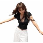 Tシャツ レディース 半袖 Vネック レース フロントリボン カットソー タイト ショート丈 トップス 大人セクシー 着痩せ ヘルシー 春
