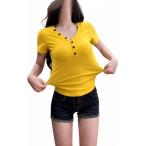 Tシャツ レディース 半袖 ヘンリーネック スリム カットソー Vネック タイト ストレッチ トップス 無地 伸縮性 こなれ感 カジュアル