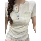Tシャツ レディース トップス 半袖 Vネック カラフルボタン ボーダー カットソー 春 夏 ヘンリーネック 痩せ見え 体型カバー 薄手