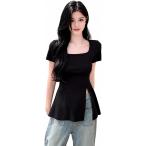 レディース Tシャツ 半袖 スクエアネック スリット入り カットソー トップス スリム フィット 無地 裾フレア ペプラム風 チュニック丈