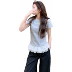 裾レース Tシャツ レディース 半袖 カットソー フリル ドッキング 重ね着風 トップス クルーネック ティアード カジュアル チュニック