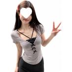 Tシャツ レディース 半袖 レイヤード風 レース リボン トップス 地雷系 量産型 重ね着風 カットソー Vネック タイト スリム 春 夏