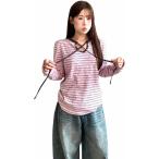 ボーダー Tシャツ レディース 長袖 カットソー フロントリボン レースアップ キーネック トップス ゆったり 柔らかい 着痩せ 韓国風