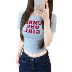 Tシャツ レディース 半袖 ロゴ プリント クロップド丈 チビT スリム タイト クルーネック ショート丈 へそ出し トップス カットソー