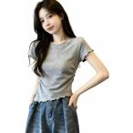 tシャツ レディース 半袖 カットソー アシンメトリー メロウフリル シャーリング ギャザー 変形裾 トップス クルーネック タイト 無地