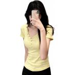 Tシャツ レディース 半袖 Vネック ヘンリーネック スリム タイト 着痩せ ショート丈 トップス 無地 カジュアル 大人可愛い おしゃれ