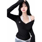 Tシャツ レディース 長袖 重ね着風 レース 刺繍 カットソー トップス 大人可愛い 柔らかい リブ ニット タイト セクシー 着痩せ 春