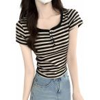 ボーダー Tシャツ レディース 半袖 ヘンリーネック 大人可愛い タイト トップス カットソー 春 夏 カジュアル 着痩せ スリム 伸縮性