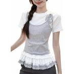 Tシャツ レディース 半袖 レイヤード風 重ね着風 トップス 裾フリル ティアード リボン 大人可愛い やわらか コットン 綿 カットソー