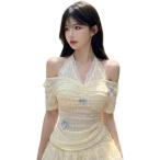 Tシャツ レディース 半袖 トップス レース リボン ホルターネック Vネック 重ね着風 フェミニン シャーリング 凹凸 ワッフル調素材