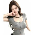 Tシャツ レディース 半袖 Uネック ニット カットソー タイト スリム フロントボタン 着痩せ セクシー 無地 トップス 大人可愛い 春