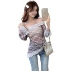 Tシャツ レディース 長袖 チェック柄 レース アシンメトリー オフショル シアー 透け感 チュール ブラウス トップス カットソー 春