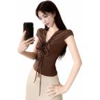 Tシャツ レディース 半袖 レース Vネック フロントリボン レトロ スリム タイト トップス 夏服 大人可愛い フェミニン 韓国風