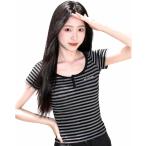 Tシャツ レディース 半袖 ボーダー 柄 タイト Uネック ヘンリーネック 着痩せ カットソー 夏服 トップス カジュアル ストライプ