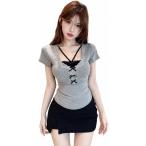 Tシャツ レディース 半袖 レイヤード風 レース リボン タイト トップス Vネック セクシー 大人可愛い カットソー 重ね着風 胸元 春