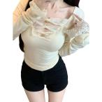 長袖 Tシャツ レディース カットソー レース 切り替え タイト セクシー トップス 胸元 リボン風 カットアウト 肌見せ ストレッチ 春