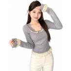 リブニット レディース 長袖 カットソー レース フリル リボン付き スリム タイト トップス 重ね着風 フェミニン 大人可愛い 清楚 春