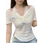 Tシャツ レディース レイヤード風 ホルターネック レース リボン シャーリング 大人可愛い トップス 半袖 カットソー 重ね着風