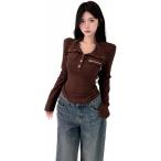 長袖 Tシャツ レディース タイト トップス 襟付き ハーフボタン ファスナー デザイン カットソー スリム 着痩せ インナー 伸縮性