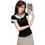 サマーニット レディース 半袖 襟付き トップス ビッグカラー ドット柄 フリル リブニット ブラウス 夏服 伸縮性 着痩せ 大人可愛い