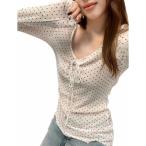 シアー トップス レディース 長袖 Tシャツ 水玉 ドット柄 フロントリボン 透け感 メッシュ カットソー スリム タイト チュール