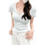 Tシャツ レディース 半袖 ボーダー ヘンリーネック スリム タイト トップス ショート丈 クロップド 春 夏 カジュアル 大人可愛い