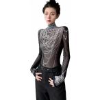シアートップス レディース 長袖 メッシュ Tシャツ パール ネックレス柄 だまし絵 ハイネック タイト 透け感 モード系 セクシー 薄手