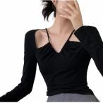 長袖 Tシャツ レディース セクシー 肩出し カットソー 胸元ギャザー ホルターネック風 オープンショルダー タイト トップス スリム