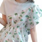 ブラウス レディース 半袖 Tシャツ ドッキング 切り替え シアー 花柄 刺繍 オーガンジー フリル ペプラム トップス チュニック 春