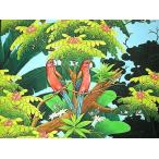 バリ絵画　Lサイズ　横　森の小鳥達  赤インコ おしゃれな インテリア 壁掛け アート 自然画 風景画 アジアン 雑貨 バリ タイ アジアン インテリア