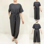 春夏SALE【マリアプラス/149104/40%OFF】レーヨンナイロン麻丸首ハイウエストドロスト+裾ドロストワイドパンツコンビネゾン半袖/sps/2i23b521xx