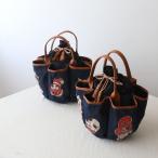 ショッピング花 送料無料　冬ＳＡＬＥ　Ｍサイズ　手描き 鞄　縁起猫　花ポケット　トート　バッグ　巾着付　レザー　革　デニム　ネコ　P77B