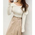トップス ニットソー セーター プルオーバー ミディアム丈 袖あり 長袖 萌袖 オフショル 襟付き スリム タイト 細身 リブ リブニット 薄手 かわいい 大人可愛い