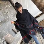 ポンチョ レディース フード付 ストール 大判 チェック タータンチェック 新春セール 2026 新春セール (ブラック)