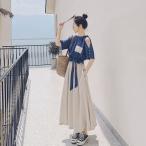 ワンピース レディース 40代 きれいめ 夏 マキシワンピース 半袖 ワンピース リボン 配色 ロング丈 ドレス 韓国風 オシャレ 通勤 大人 上品 着痩せ