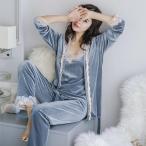 パジャマ レディース 冬　秋　前開き　3点セット 長袖 ベルベット　レディース　ルームウェア　おしゃれ 部屋着　寝巻き ナイトウェア　暖かい　大きいサイズ